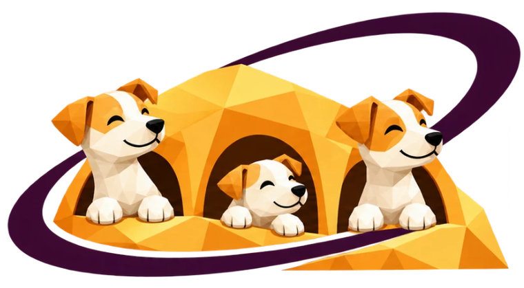 Three terriers peeking out of a golden burrow